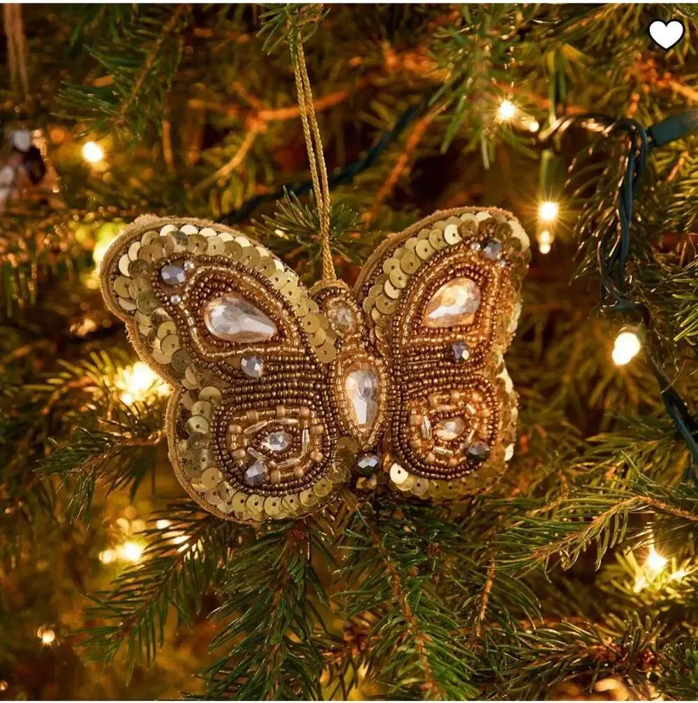 West Elm Beaded Butterfly Christmas Ornament Gold Sequin Rhinestone NEW